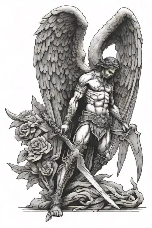 Fallen Angel With Wings Holding A Sword Looking Down To A Powerful Man