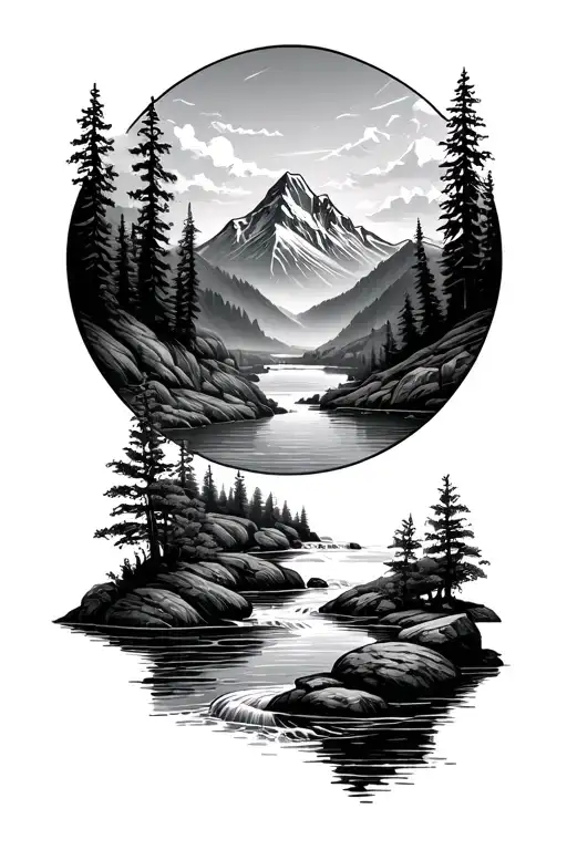 Circle With Mountain And Stream
