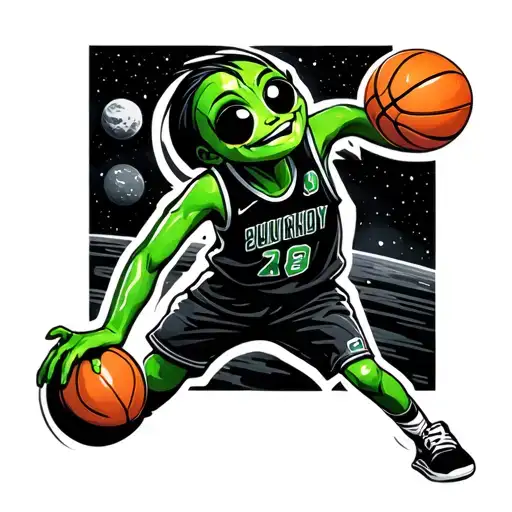 Silly Cartoon Character With Green Glossy Skin In Outer Space Playing Basketball