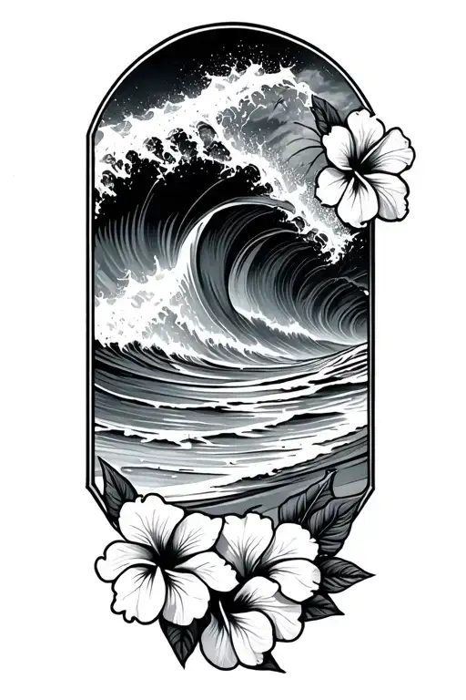 Ocean Waves Crashing On Beach With Hibiscus Flowers On The Bottom