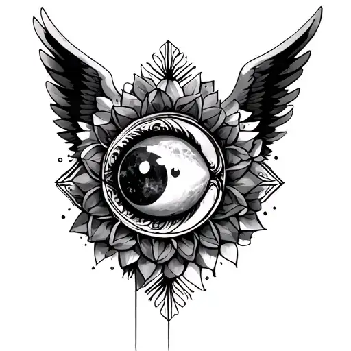 Angel Wings With Eye Surrounded And Mandal Moon In Geometrical Flower Of Life
