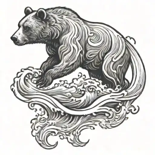 Bear Falling And Sinking In Water Waves