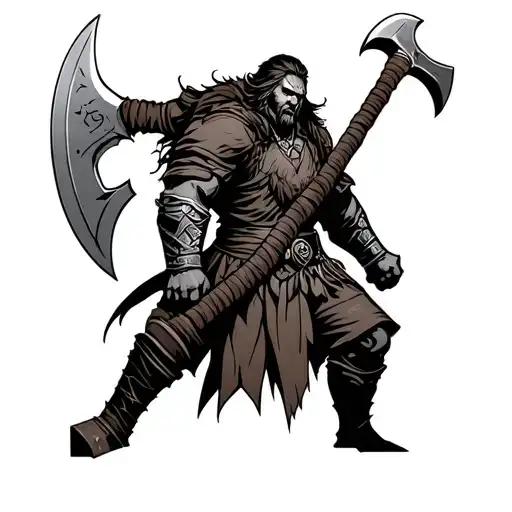 Warrior Nordic Aggressive With An Axe And A Knife