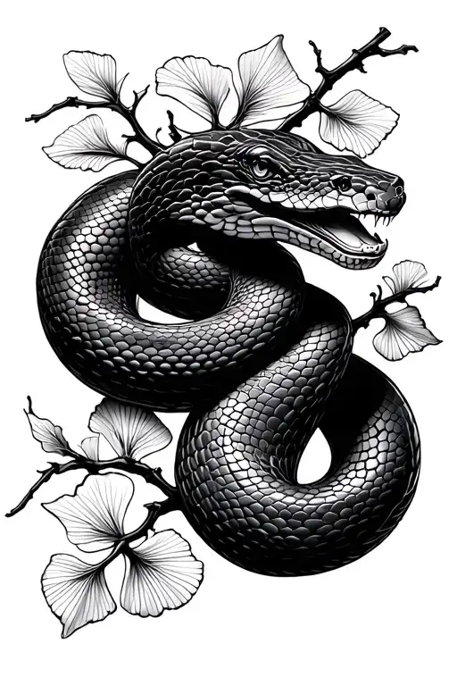 Snake With Ginko Branch And Leaves