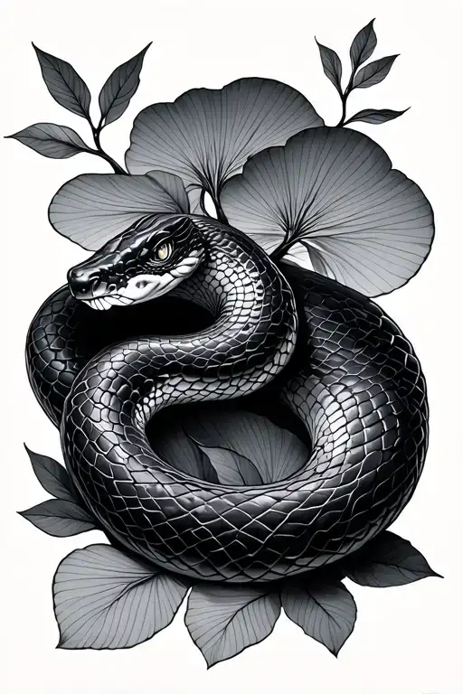 Small Full Lenght Snake With Ginko Branch And Leaves