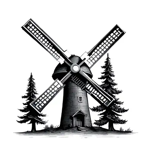 Windmill In Background With 3 Pine Trees In Shape Of A Star
