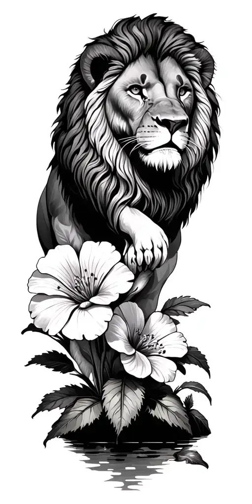 Lion Surrounded A Primrose Flower On An Island