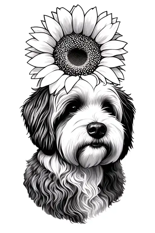 Old English Sheepdog And Sunflowers