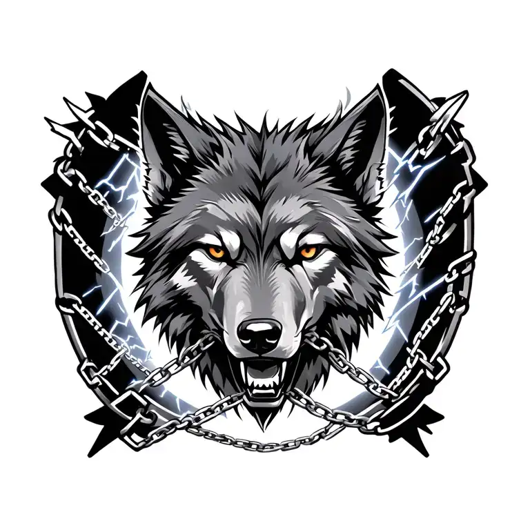 Nordic Wolf Head With Lightning And Chains Wrapped Around It