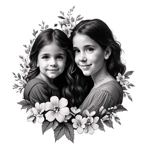 An Arm Sleeve Of Family Portraits And Forget Me Not Flowers In Black And White