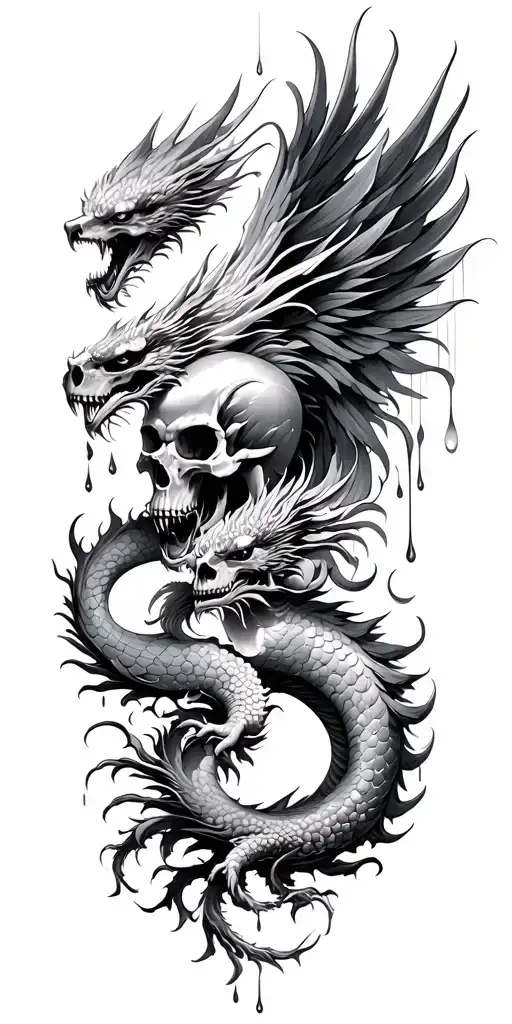 3 Chinese Dragon And Phoenix And Skull Surrounded My Rain