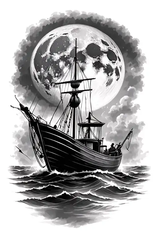 Fishing Boat In Storm With Full Moon Behind