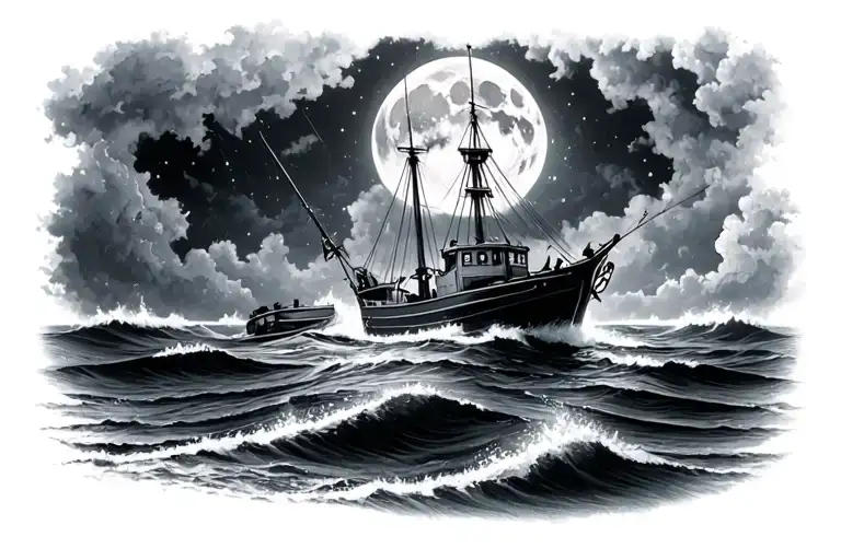 Fishing Trawller In Storm With Small Full Moon Behind