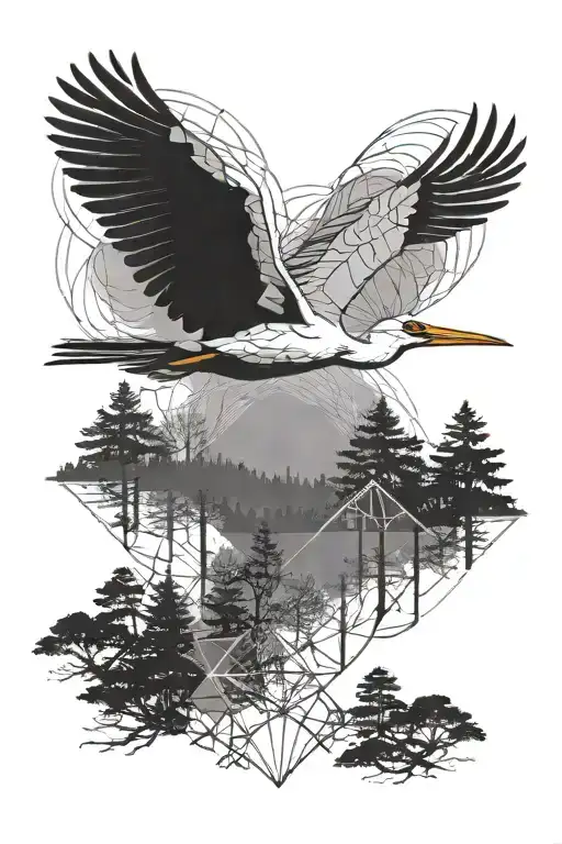 A Geometric Design Of A Stork Flying Over A Forest Landscape