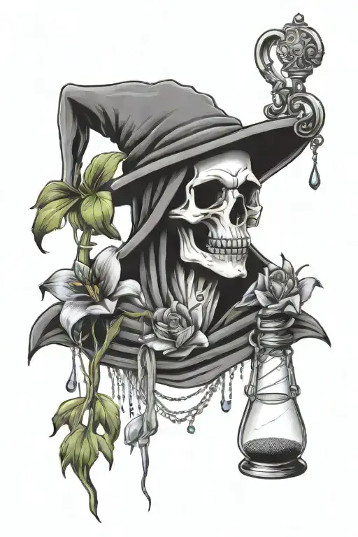 Grim Reaper Head Holding Hour Glass With Sand Falling With 2 Larkspur Flowers And 1 Water Lilly