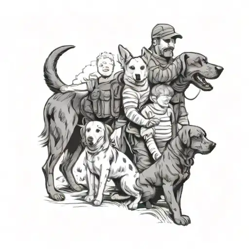 Man With 3 Kids And Dogs Standing Guard
