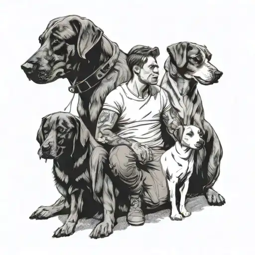 Man With 3 Kids And Dogs Standing Guard Holding