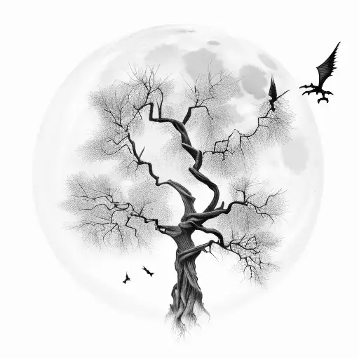 Wispy Tree In Graveyard With Hollow Full Moon And Flying Bats