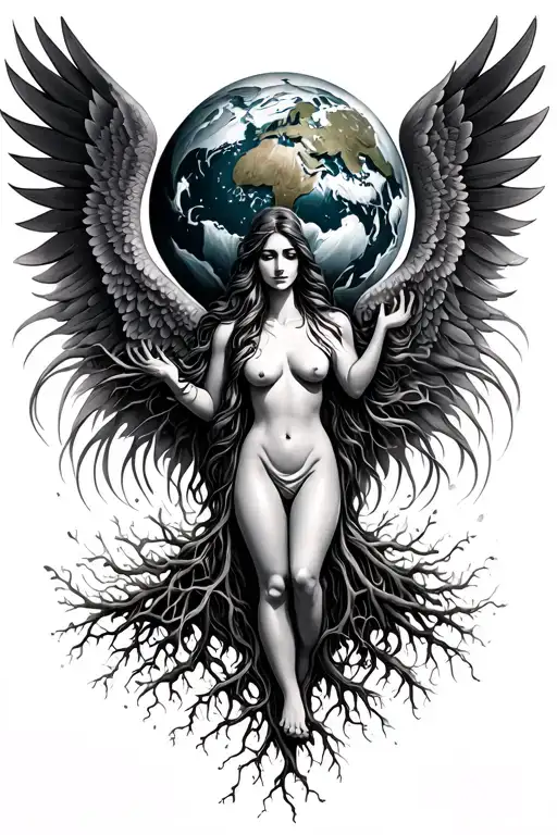 Mother Earth With Wings And Roots Growing