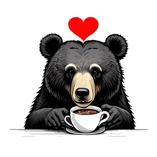 Bear With Black Heart Above Head And Cup Of Coffee In Hand