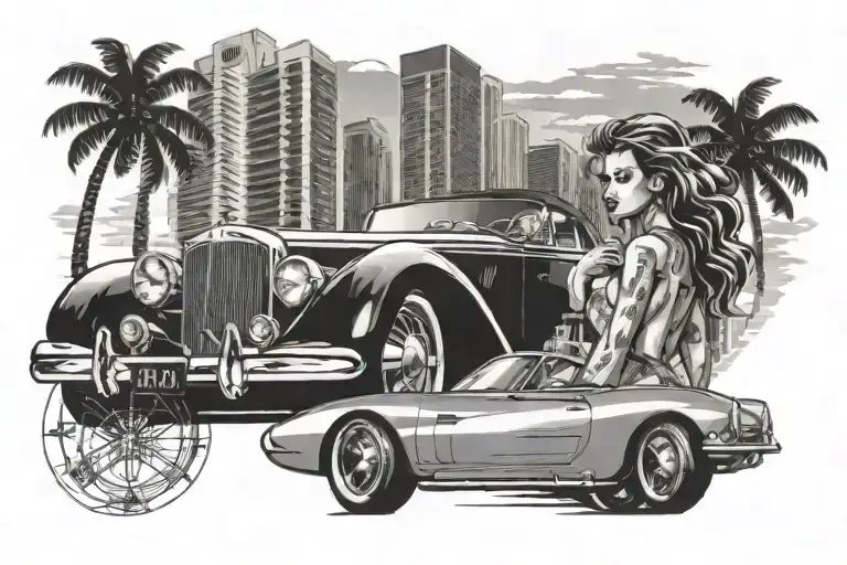 Skyscrapers And Palm Trees With A Sports Car In Front And A Beautiful Woman In An Elegant Dress
