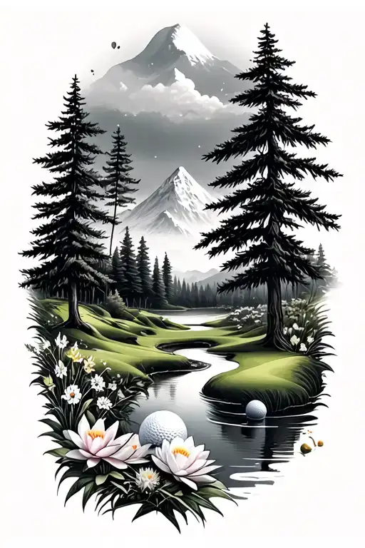 Mystical Golf Course Landscape With Golf Ball Mountain Flowers Pine Trees Water Lily Larkspur