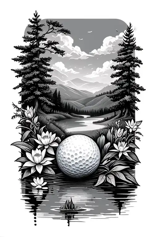 Mystical Golf Course Landscape With Golf Ball Rolling Hills Flowers Pine Trees Water Lily Larkspur
