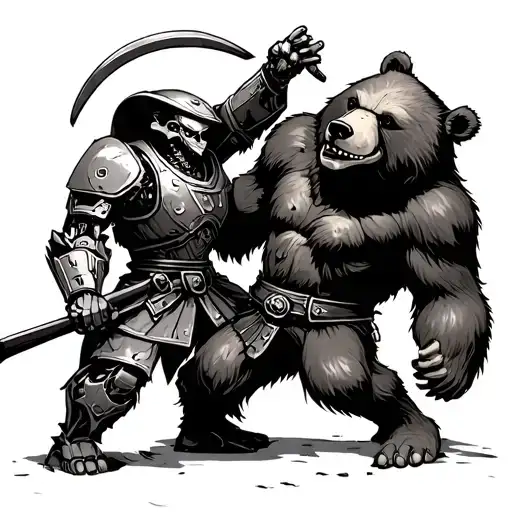 A Half Robot Samurai Fighting A Pirate Bear