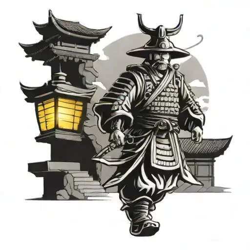 Japanese Samurai Walking Towards A Temple With A Lamp On His Hand