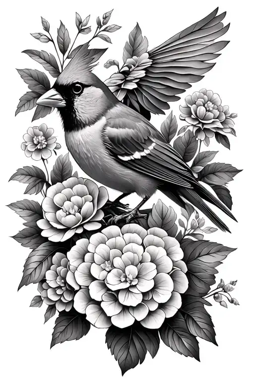 Cardinal Bird Surrounded By Hydrangeas Carnations And Honeysuckles