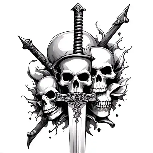 Create A Sketch Of A Jdm White And Black Tattoo With Skulls And A Sword