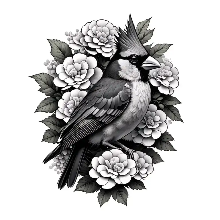 Cardinal Bird Surrounded By Hydrangeas Carnations And Honeysuckles