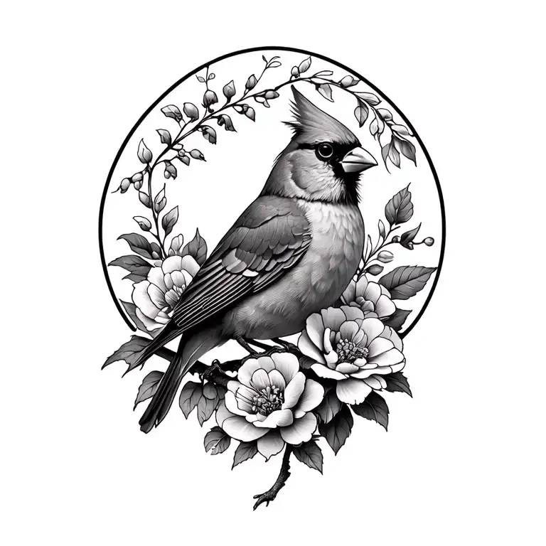 Cardinal Bird Surrounded By Carnations And Honeysuckles