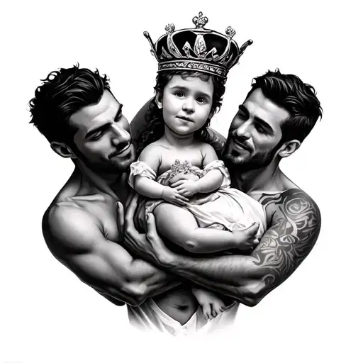 Three Men Holding A Baby Girl Wearing Crown Surrounded