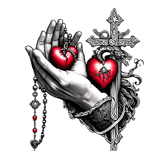 Praying Hand Holding A Rosary And Sacred Heart