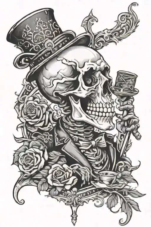 Gothic Skeleton In A Suite Smoking A Cigar With A Rose And Crown In Its Hand