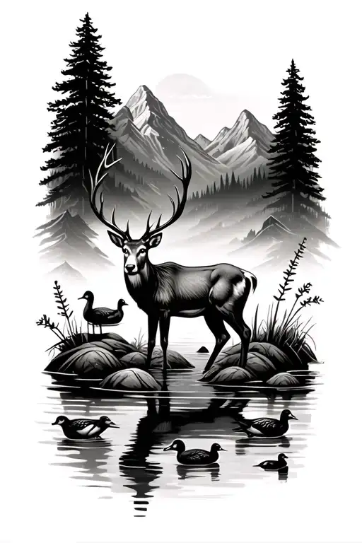 Deer Standing In Pond Surrounded By Mountains And Ducks