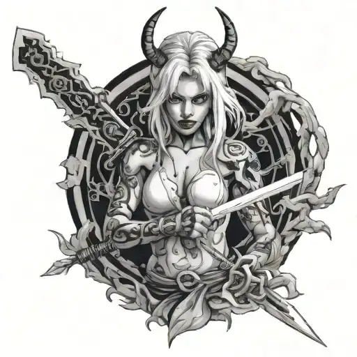 Blonde Girl Demon In Fragments With A Katana Surrounded
