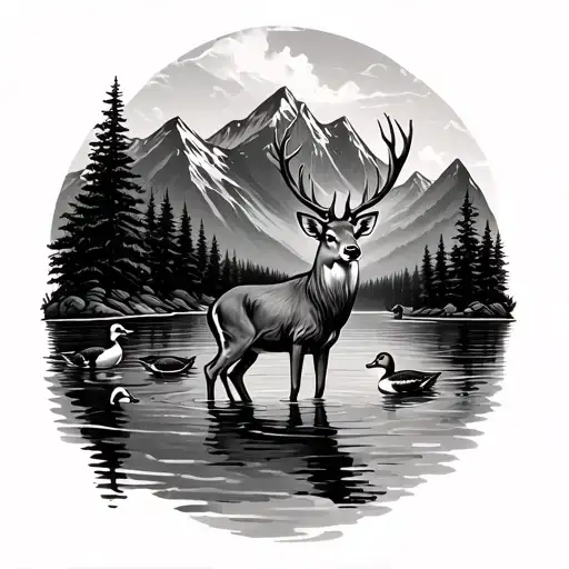 Deer Standing In Pond Surrounded By Mountains And Ducks
