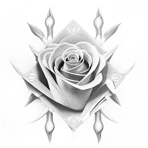A Black And Grey Tattoo Of A Naval Rose With A Deck Of Cards Hidden In The Petals