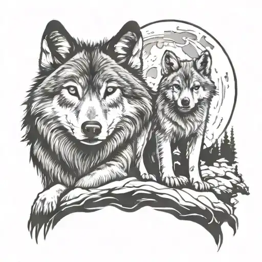 Wolf And Pup With Moonlit Background