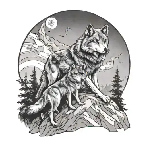 Wolf And Pup On Mountain Cliff With Moonlit Background