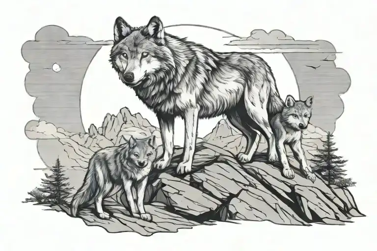 Wolf And Pup On Mountain Cliff With Moonlit Background