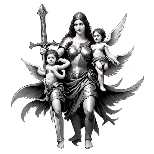 Mother With Greek Armor Holding A Sword Carrying Two Little Angel