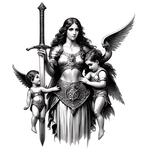Gorgeous Mother With Greek Armor One Arm Holding A Sword Carrying Two Little Angel