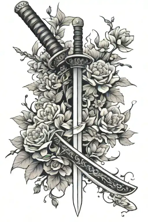 Katana Surrounded By Small Flowers