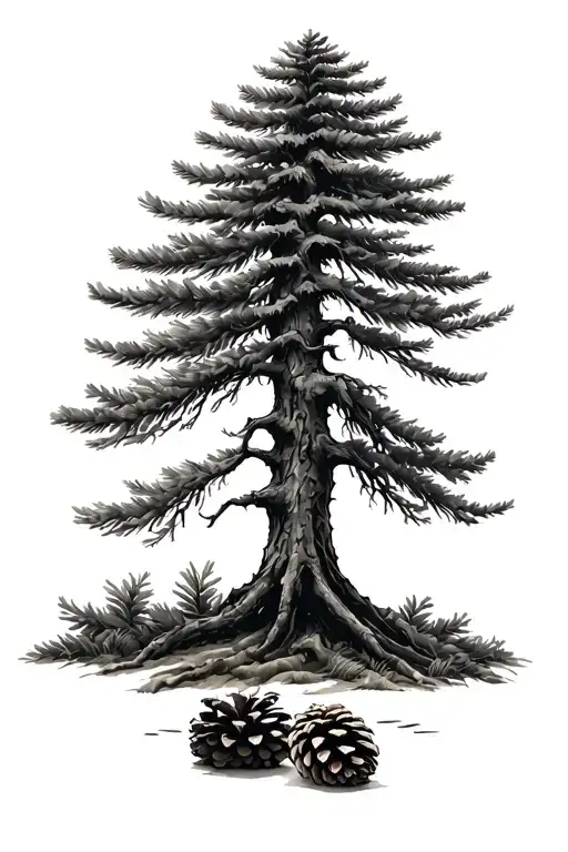 Tall Pine Tree And 3 Pinecones At Base