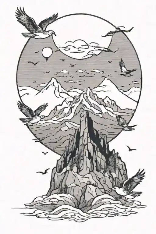 Mountain And Birds And Moon Surrounded