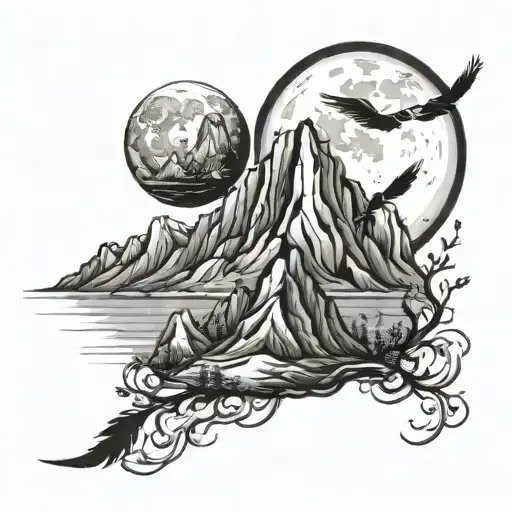 Mountain And Birds And Moon Surrounded