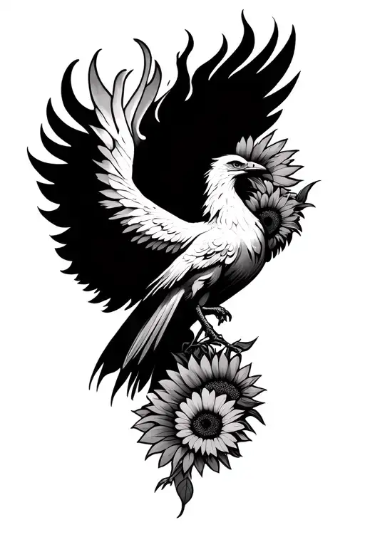 A Phoenix On Fire Next To Sunflowers